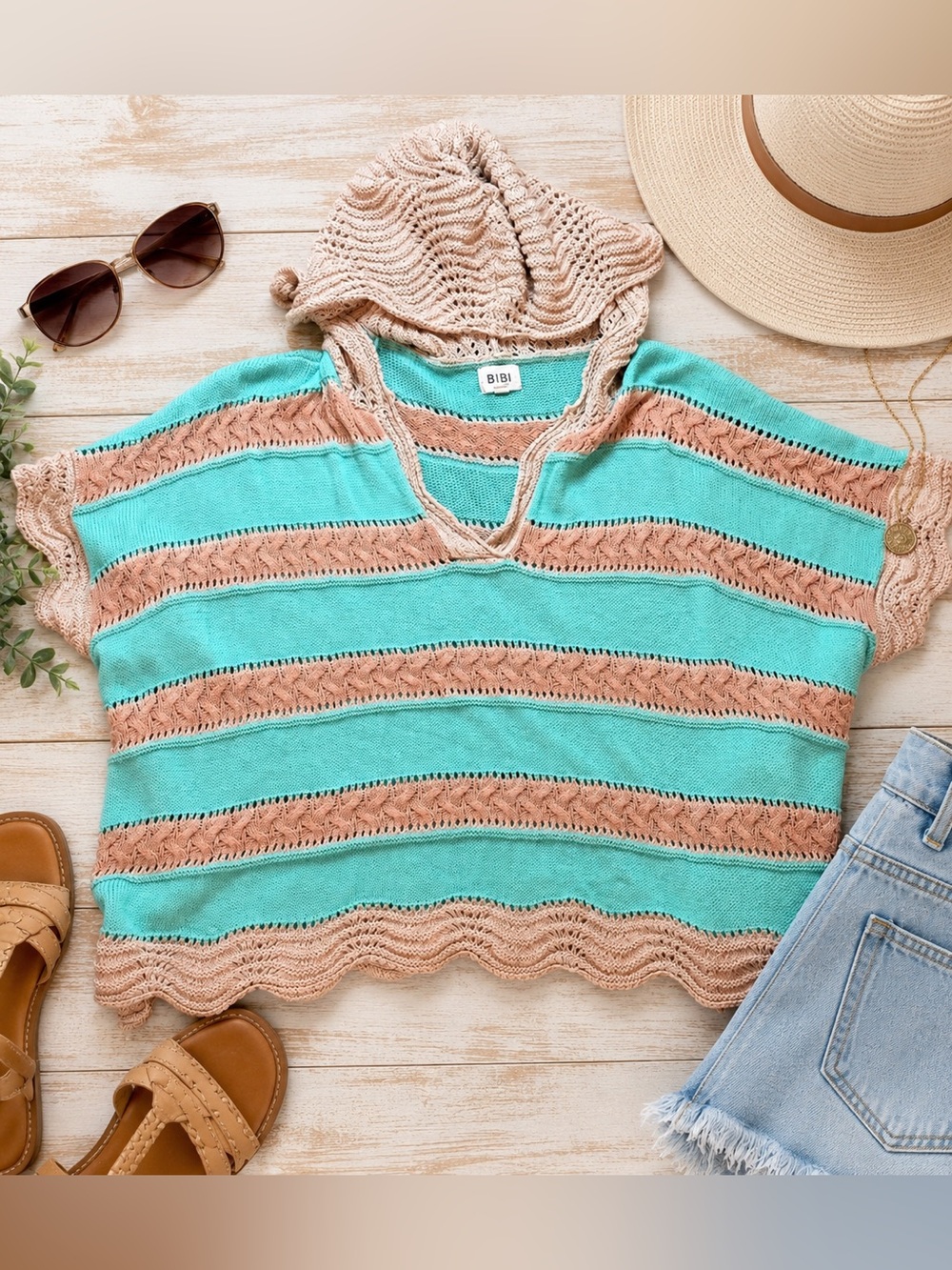 BiBi XL Mint Green Pink Stripe Hooded Open Knit Crochet Boho Sweater Poncho Top